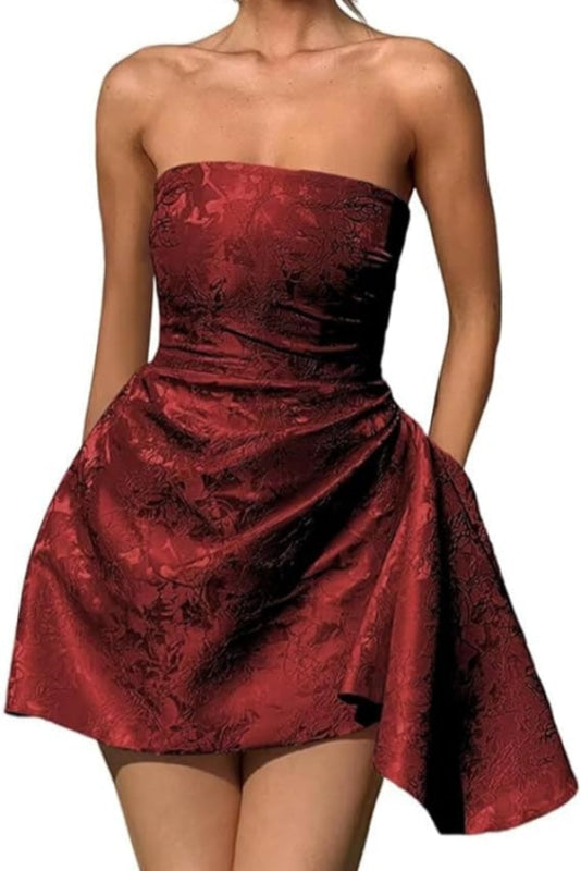 Ruched Satin Mini Party Dress Strapless Floral Jacquard Homecoming Dress with Pocket