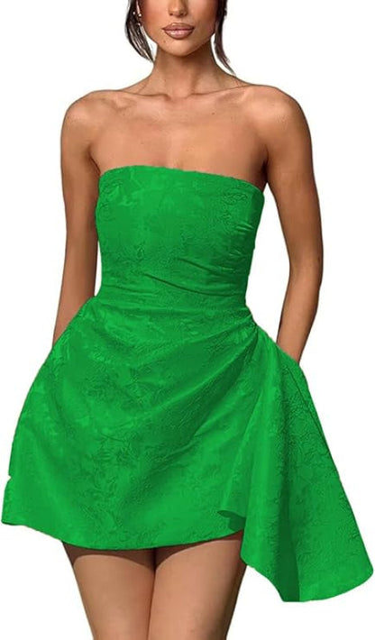 Ruched Satin Mini Party Dress Strapless Floral Jacquard Homecoming Dress with Pocket