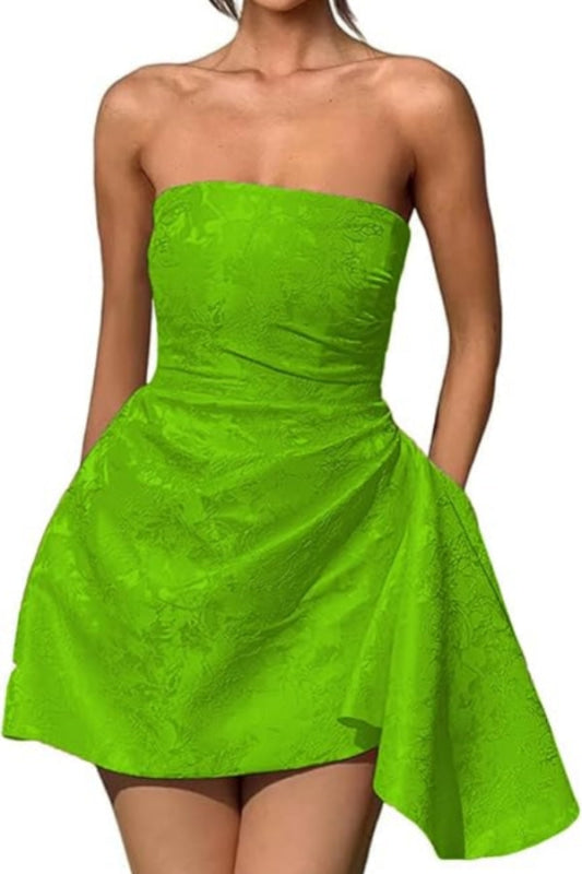 Ruched Satin Mini Party Dress Strapless Floral Jacquard Homecoming Dress with Pocket