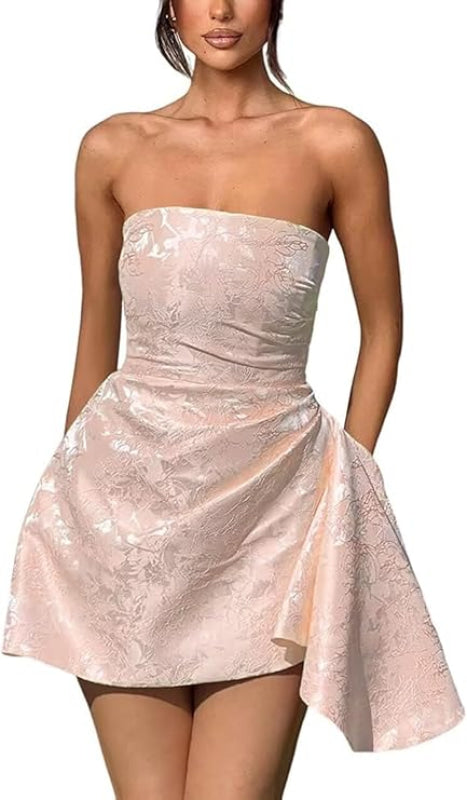 Ruched Satin Mini Party Dress Strapless Floral Jacquard Homecoming Dress with Pocket