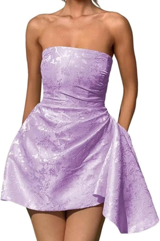 Ruched Satin Mini Party Dress Strapless Floral Jacquard Homecoming Dress with Pocket