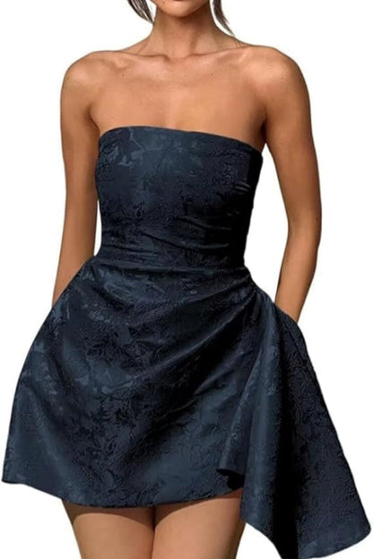 Ruched Satin Mini Party Dress Strapless Floral Jacquard Homecoming Dress with Pocket