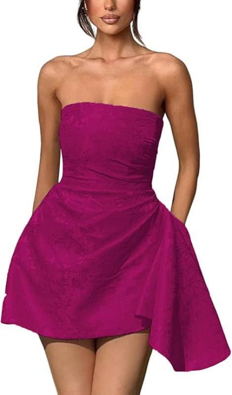 Ruched Satin Mini Party Dress Strapless Floral Jacquard Homecoming Dress with Pocket