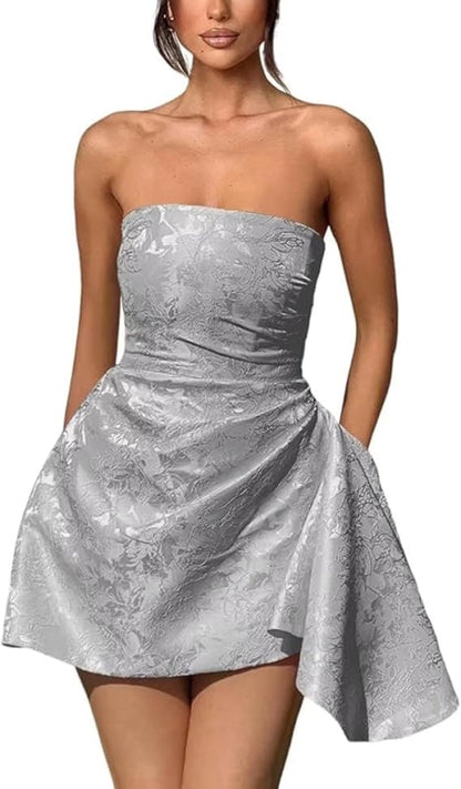 Ruched Satin Mini Party Dress Strapless Floral Jacquard Homecoming Dress with Pocket