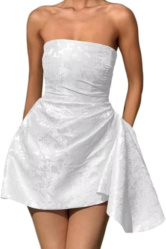 Ruched Satin Mini Party Dress Strapless Floral Jacquard Homecoming Dress with Pocket