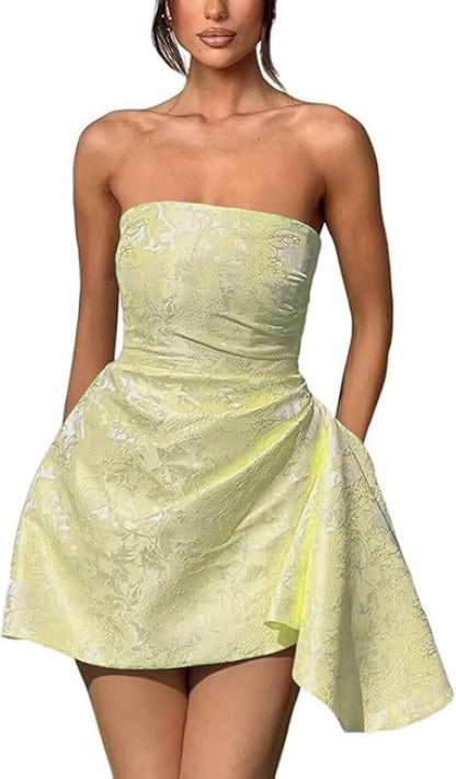 Ruched Satin Mini Party Dress Strapless Floral Jacquard Homecoming Dress with Pocket