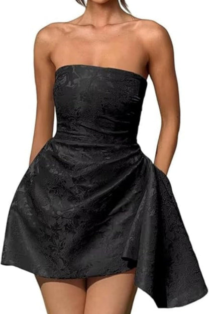 Ruched Satin Mini Party Dress Strapless Floral Jacquard Homecoming Dress with Pocket