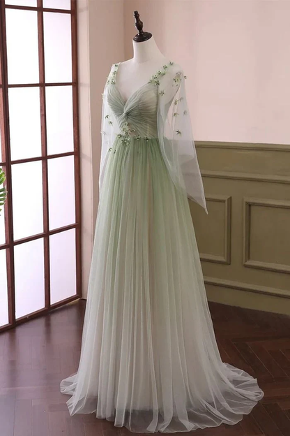 Sabina | Sage Long Sleeves A Line Tulle Prom Dress With Appliques