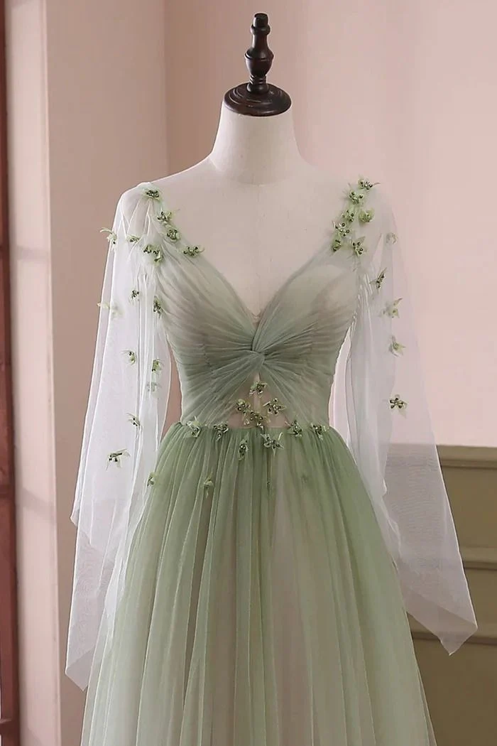 Sabina | Sage Long Sleeves A Line Tulle Prom Dress With Appliques