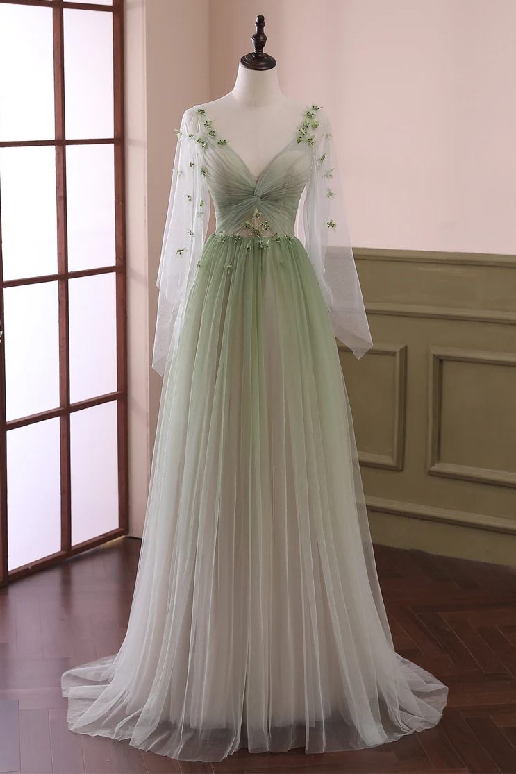 Sabina | Sage Long Sleeves A Line Tulle Prom Dress With Appliques