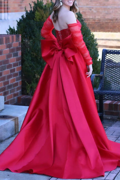 Sabriel | Red Sweetheart Satin Beaded Long Prom Dress With Split