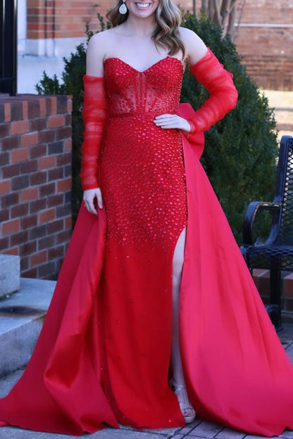 Sabriel | Red Sweetheart Satin Beaded Long Prom Dress With Split