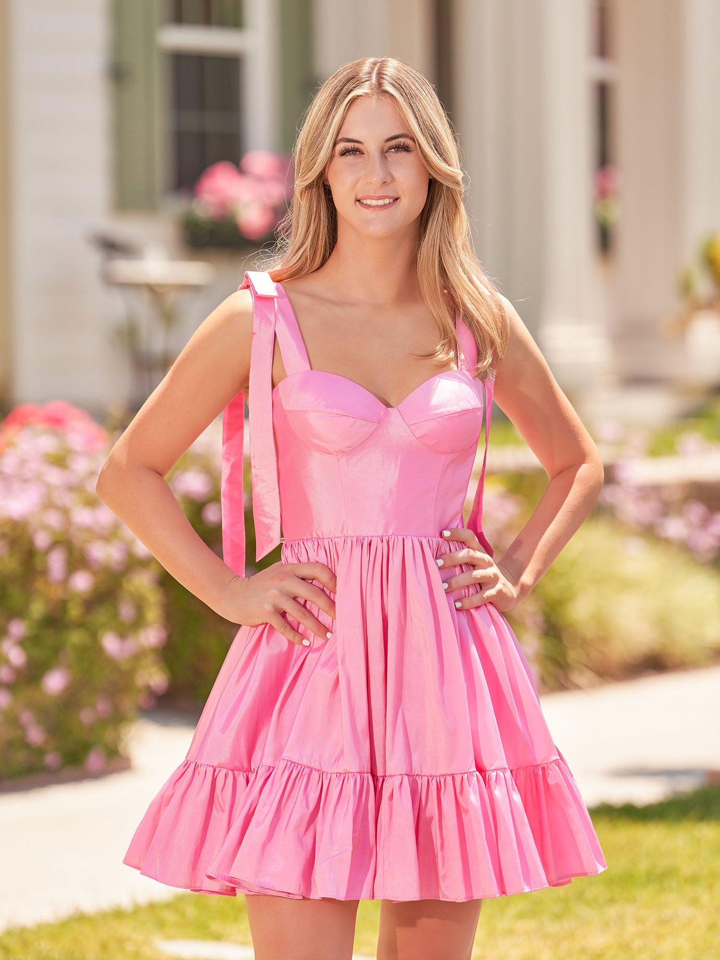 Sabrina | A-line Sweetheart Pink Ruffled Taffeta Homecoming Dress With Bow Straps