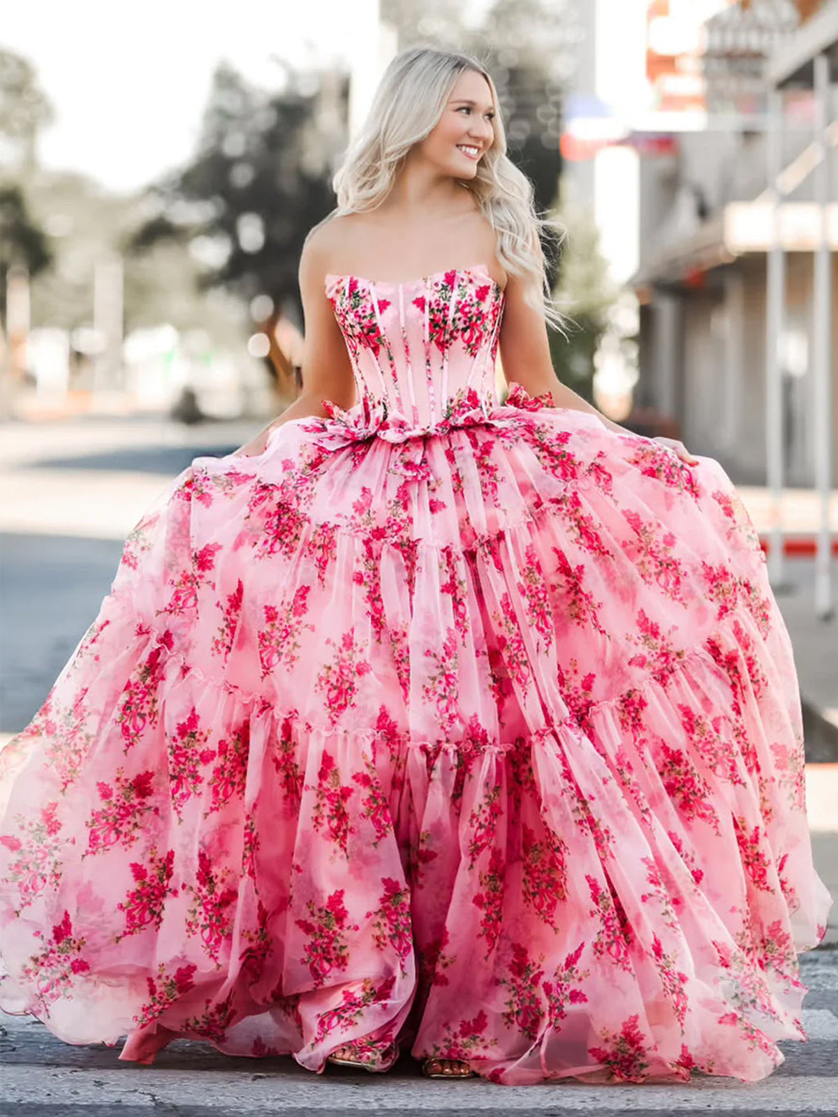 Santiago | Pink Strapless Chiffon A Line Floral Tiered Prom Dress With Bow