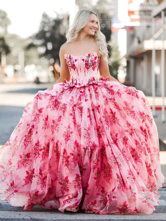 Santiago | Pink Strapless Chiffon A Line Floral Tiered Prom Dress With Bow