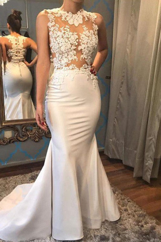 Satin Mermaid Scoop Sleeveless Applique Court Train Wedding Dresses