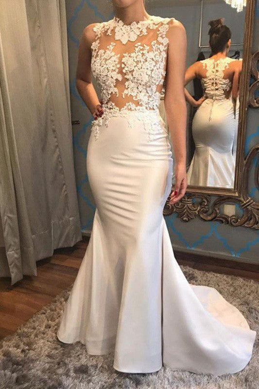 Satin Mermaid Scoop Sleeveless Applique Court Train Wedding Dresses