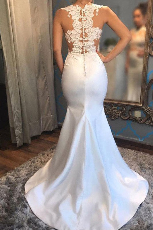 Satin Mermaid Scoop Sleeveless Applique Court Train Wedding Dresses