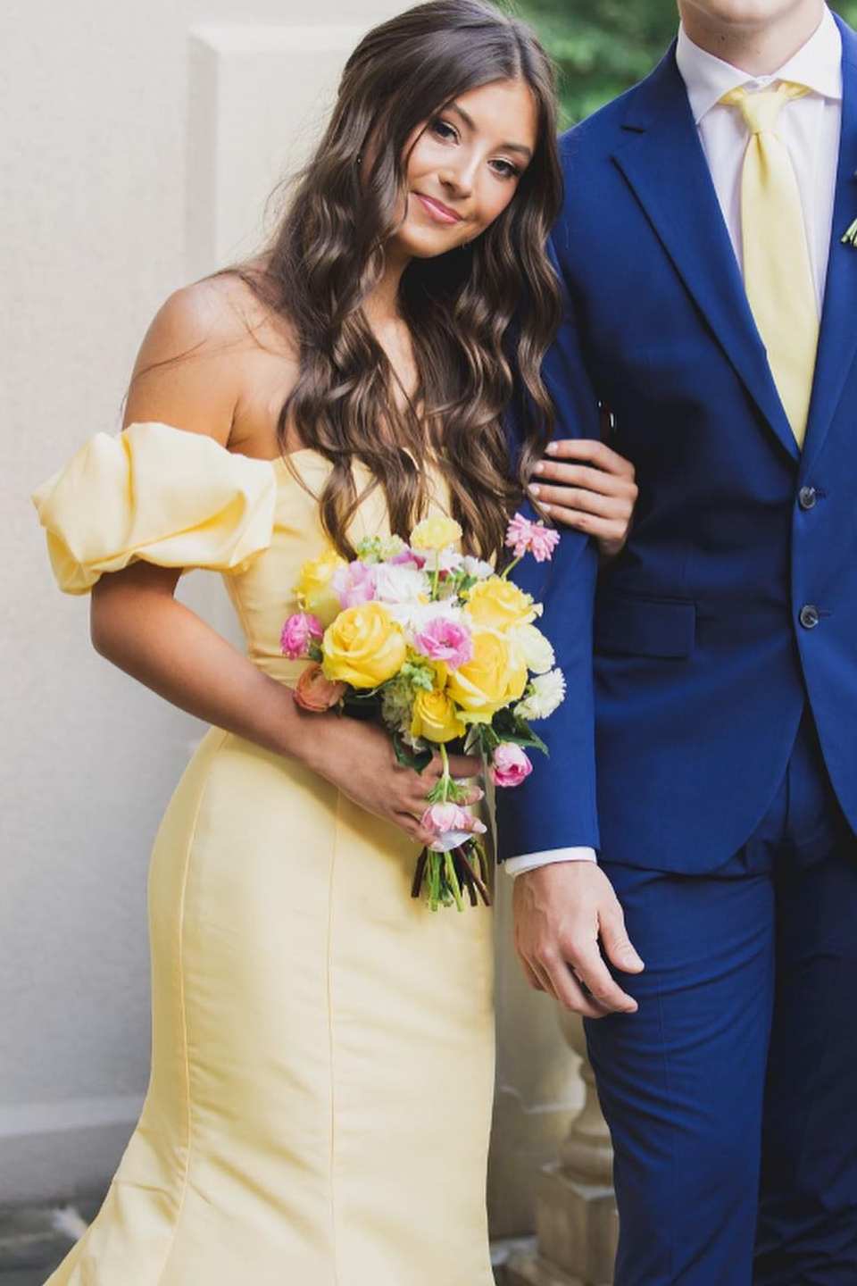 Seoni | Yellow Satin Strapless Mermaid Pleated Long Formal Prom Dress with Sleeves