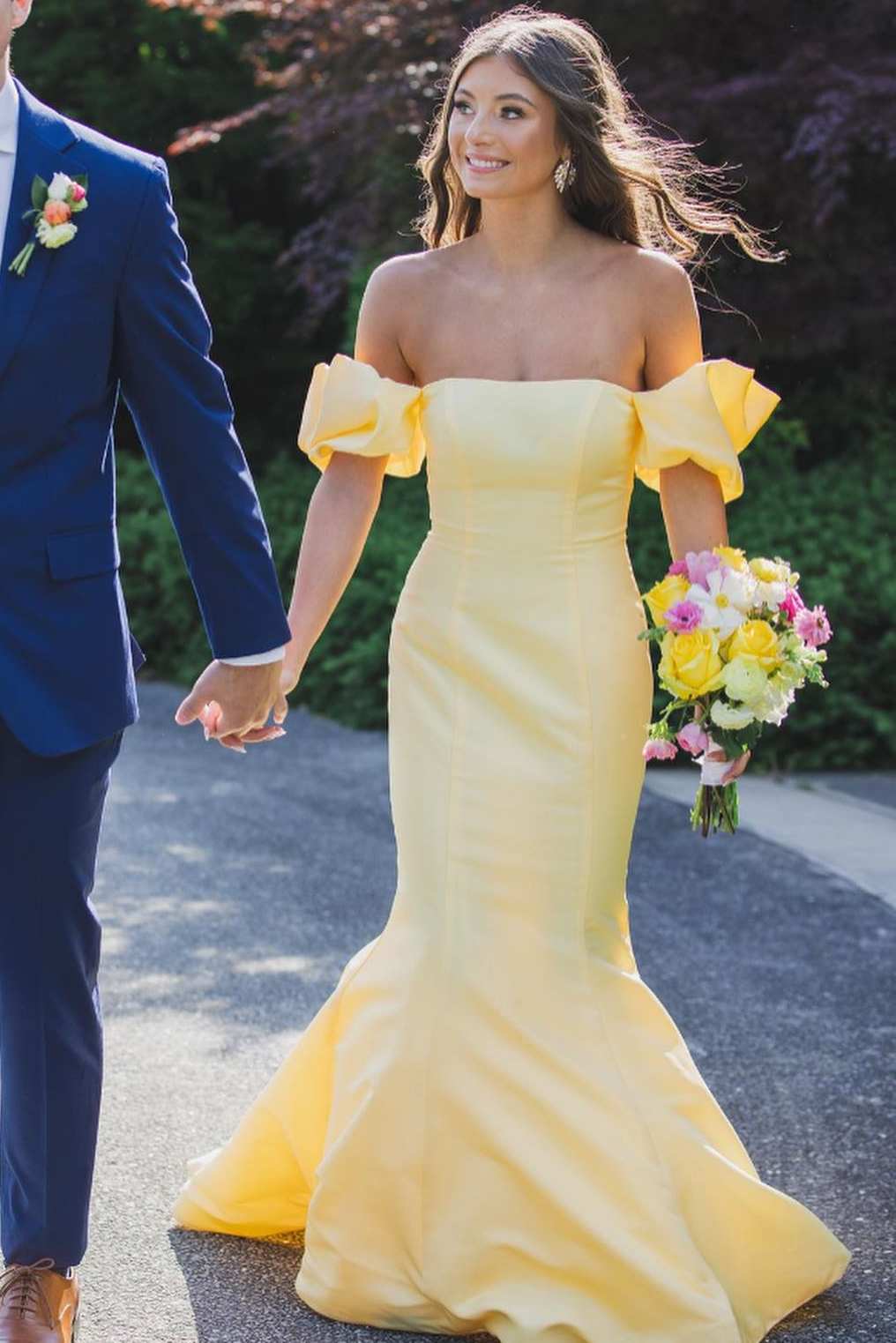 Seoni | Yellow Satin Strapless Mermaid Pleated Long Formal Prom Dress with Sleeves