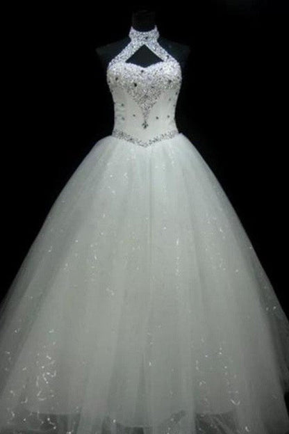 Sequin Ball Gown Sleeveless Floor Length Beading Tulle Halter Wedding Dresses