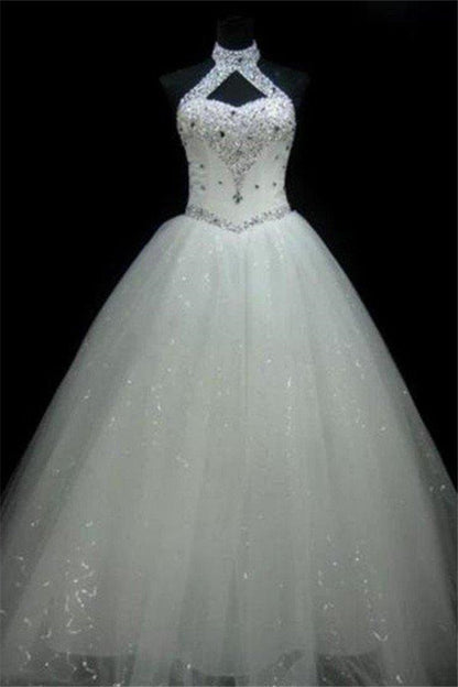 Sequin Ball Gown Sleeveless Floor Length Beading Tulle Halter Wedding Dresses