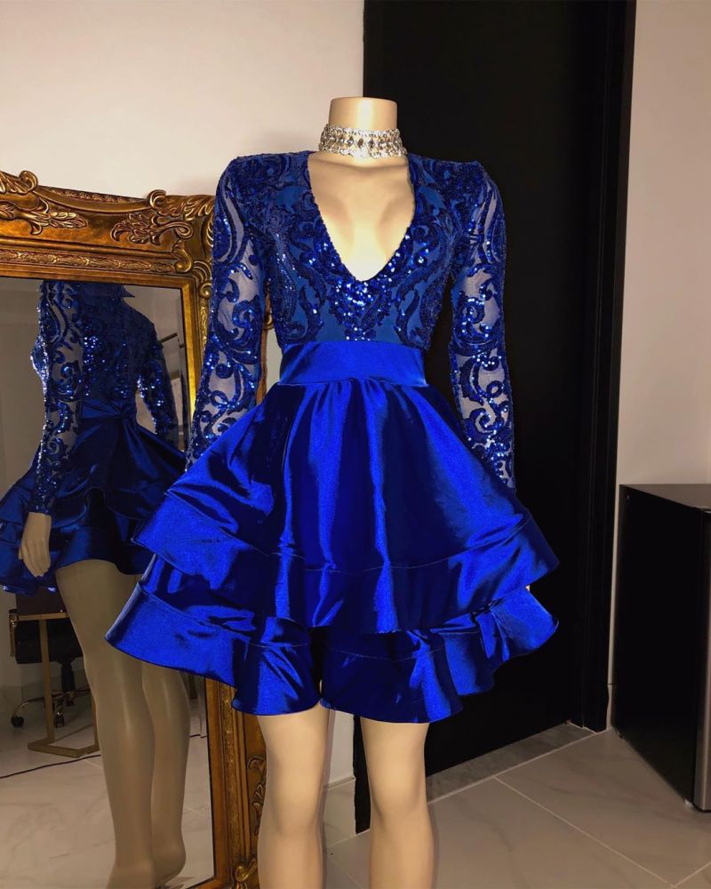 Sequins Appliques Long Sleevess V-neck Layers Short Homecoming Dresses