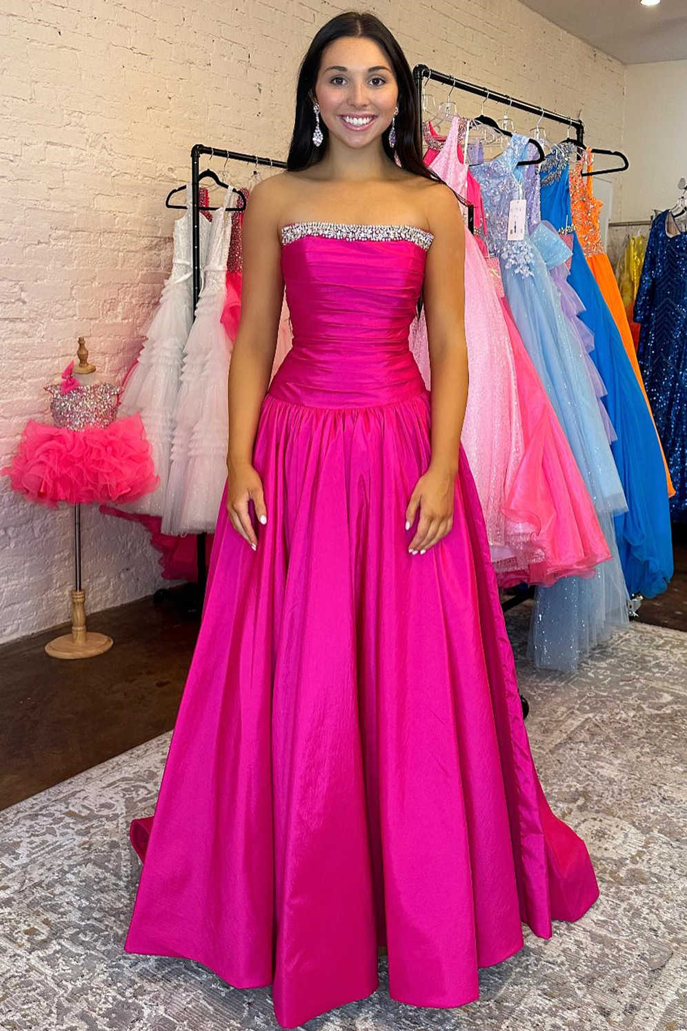 Seraphia | Strapless Fuchsia Beaded A-Line Long Prom Dresss