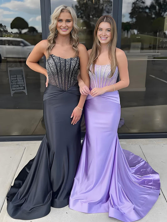 Serin | Purple Strapless Mermaid Satin Long Prom Dress With Beading