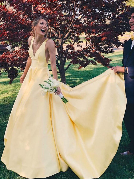 LTP0258,Yellow A Line V Neck Satin Long Prom Dresses V Neck Backless Yellow Satin Wedding Dresses Formal Dresses