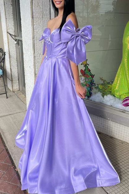 Shanty | A-Line Off-Shoulder Bow Pleated Long Prom Dress