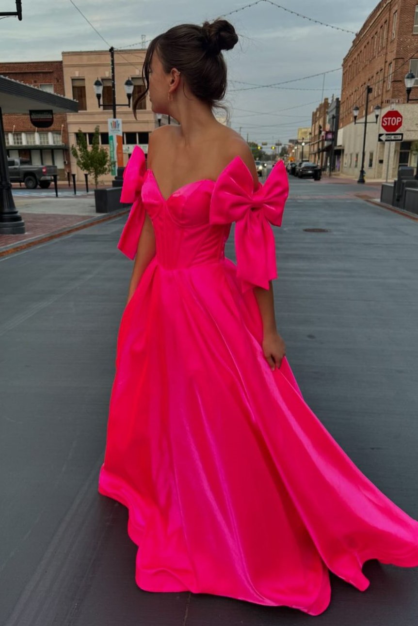 Shanty | A-Line Off-Shoulder Bow Pleated Long Prom Dress