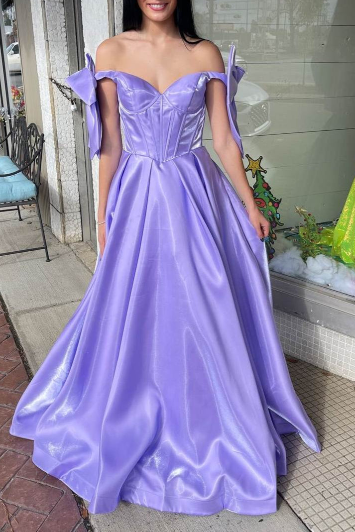 Shanty | A-Line Off-Shoulder Bow Pleated Long Prom Dress