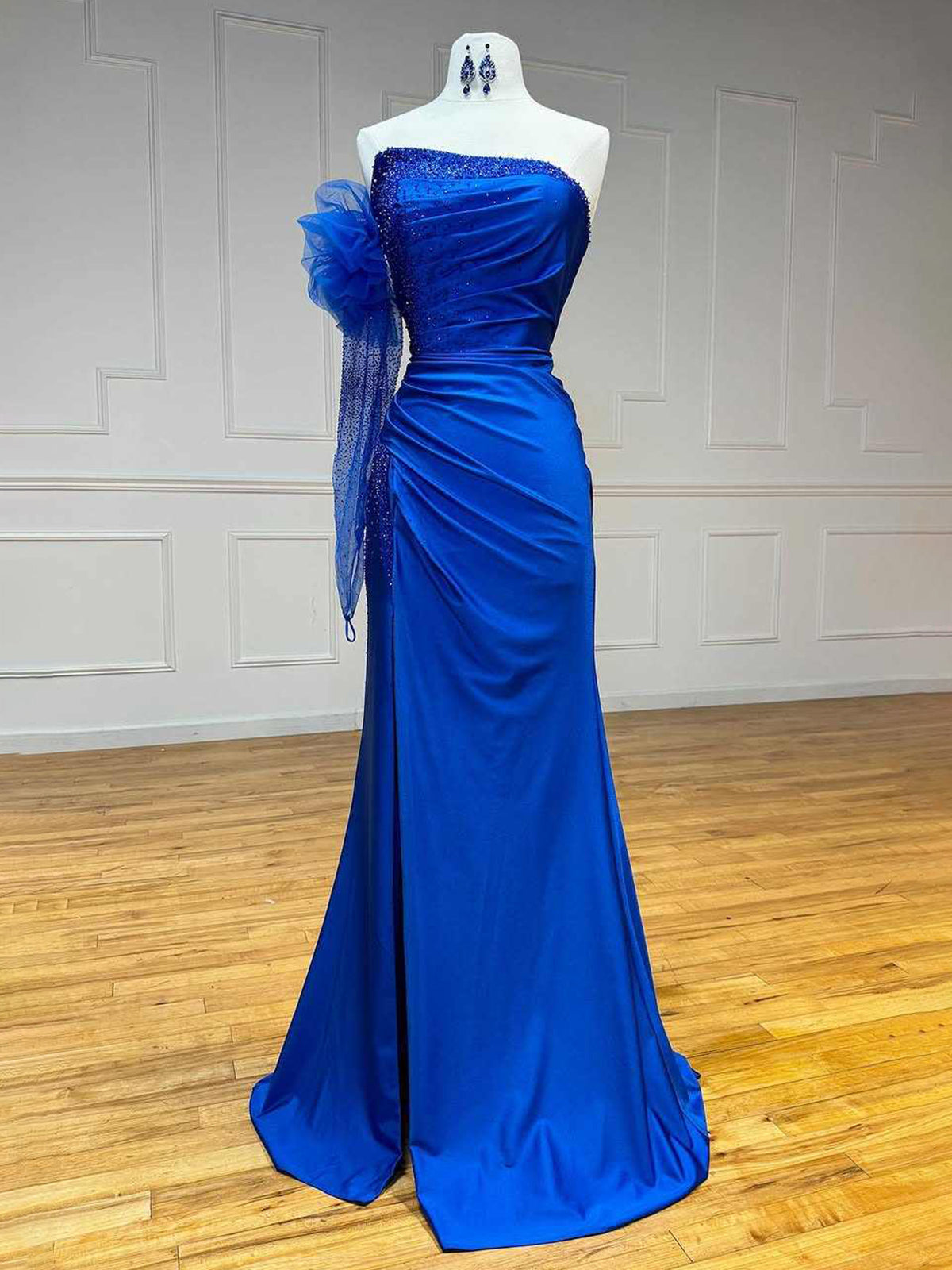 Sharice | Mermaid Strapless Beaded Ruched Long Prom Dress with Sleeve