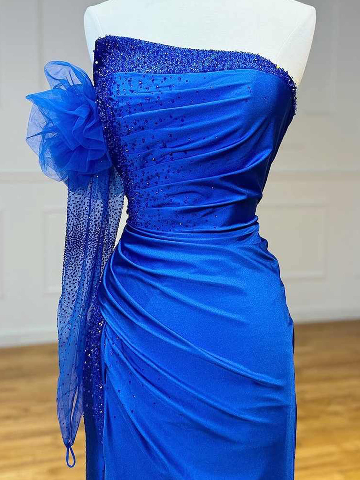 Sharice | Mermaid Strapless Beaded Ruched Long Prom Dress with Sleeve