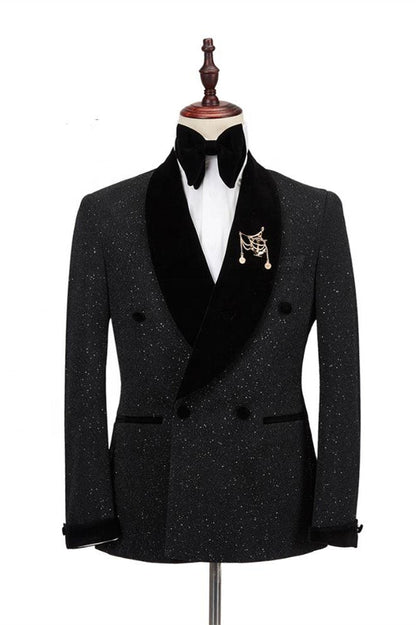 Shawl Lapel Double Breasted Sparkle Black Wedding Suits