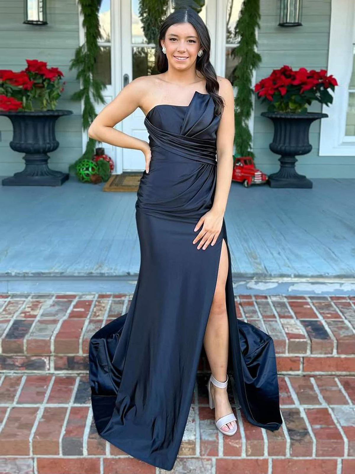 Shayna | Mermaid Pleats Strapless Black Long Prom Dresses with Slit