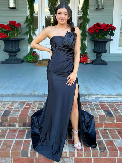 Shayna | Mermaid Pleats Strapless Black Long Prom Dresses with Slit