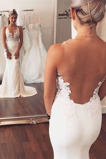 Sheer back Mermaid Wedding Dress Sleeveless Lace summer Beach Bridal Gowns