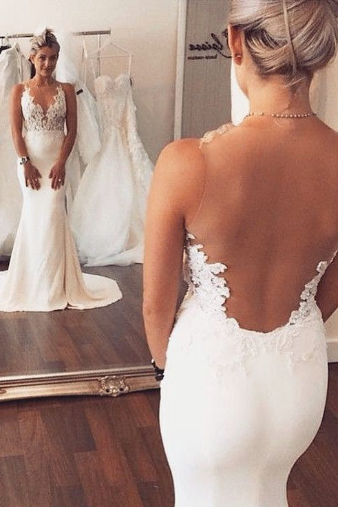 Sheer back Mermaid Wedding Dress Sleeveless Lace summer Beach Bridal Gowns