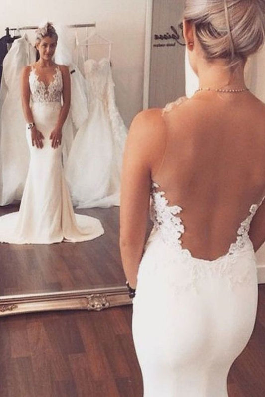 Sheer back Mermaid Wedding Dress Sleeveless Lace summer Beach Bridal Gowns