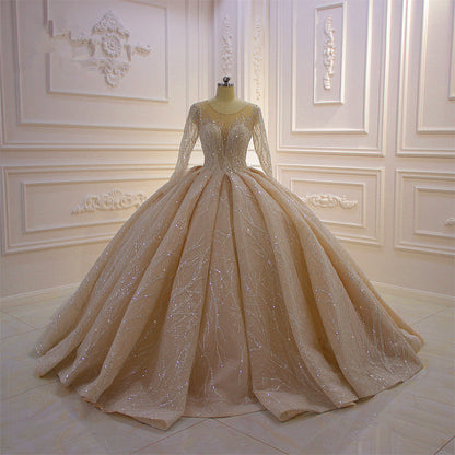 Shiny Ball Gown Tulle Jewel Long Sleevess Ruffless Wedding Dress