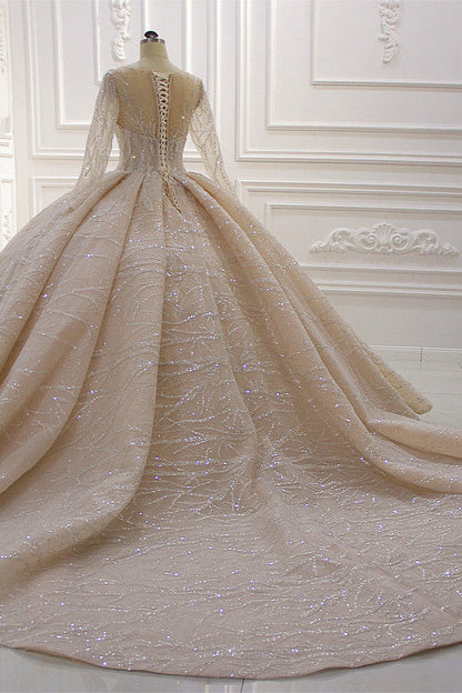 Shiny Ball Gown Tulle Jewel Long Sleevess Ruffless Wedding Dress