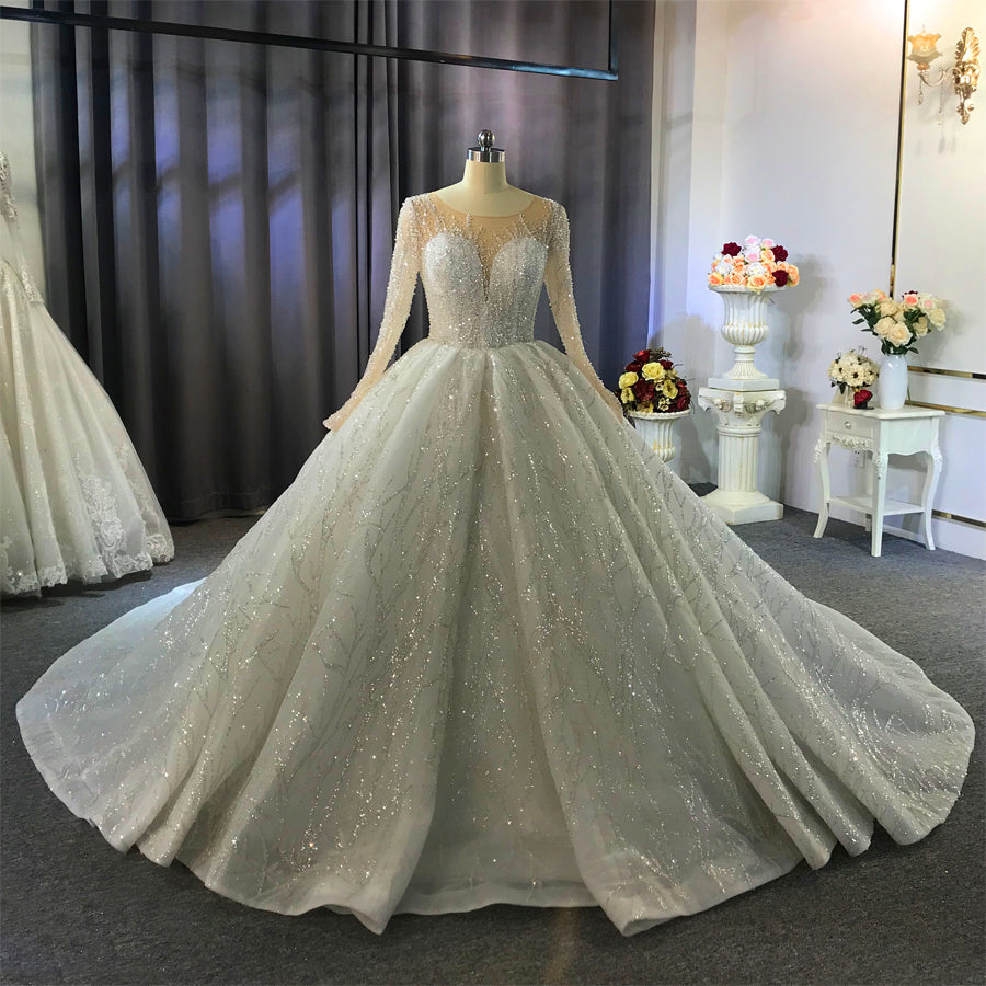 Shiny Ball Gown Tulle Jewel Long Sleevess Ruffless Wedding Dress