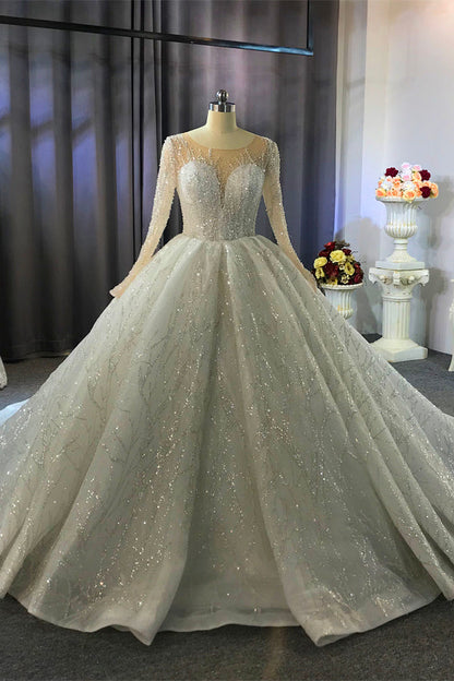 Shiny Ball Gown Tulle Jewel Long Sleevess Ruffless Wedding Dress