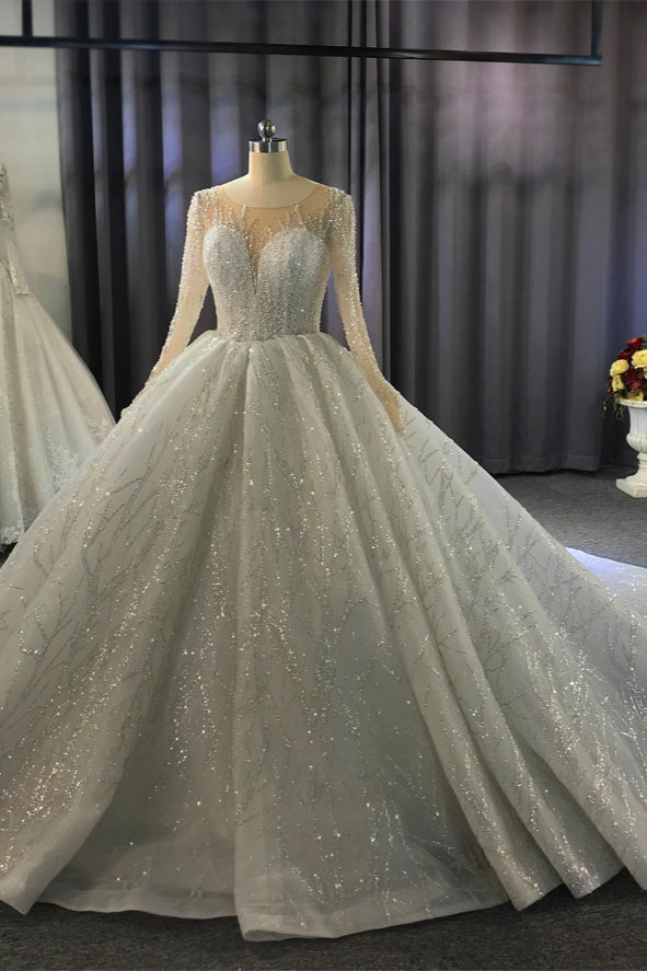 Shiny Ball Gown Tulle Jewel Long Sleevess Ruffless Wedding Dress