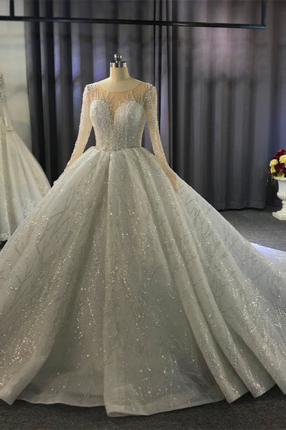 Shiny Ball Gown Tulle Jewel Long Sleevess Ruffless Wedding Dress