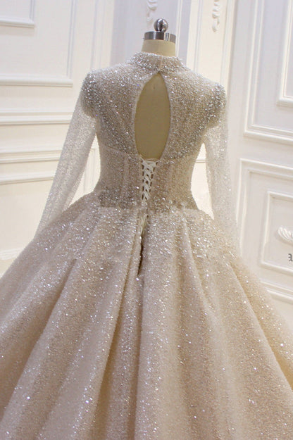 Shiny Sequined Long Sleevess Pleats Champange Wedding Dress