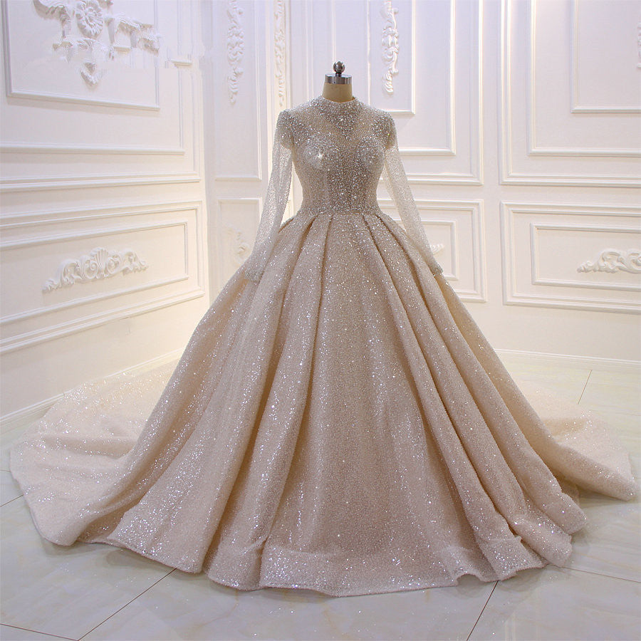 Shiny Sequined Long Sleevess Pleats Champange Wedding Dress