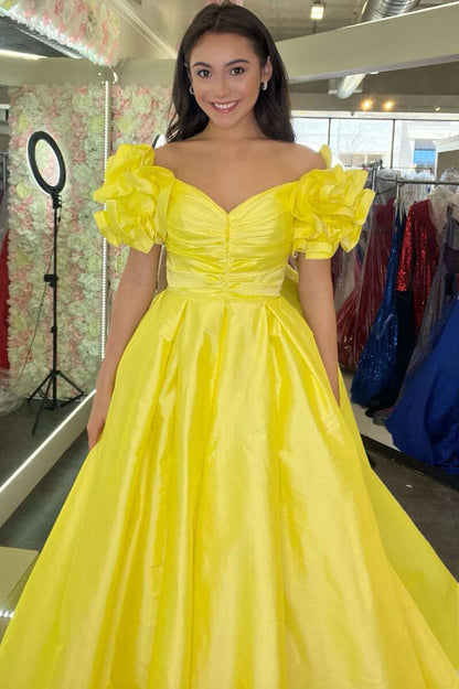 A-Line Yellow Off-the-Shoulder Ruffled Sleeve Prom Dresses